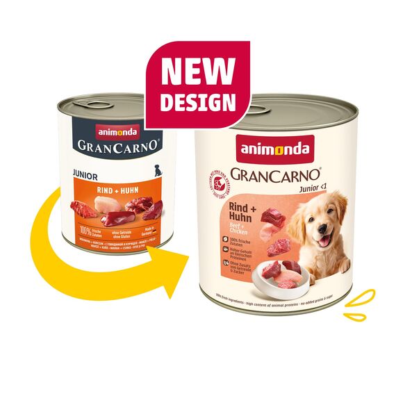 animonda GranCarno Junior Rind + Huhn (6 x 800 g), Welpenfutter für Junge Hunde, Nassfutter für Hunde mit 100% frischen, fleischlichen Zutaten, Junior Hundefutter ohne Getreide