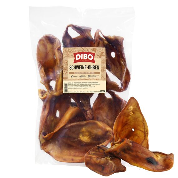 DIBO Schweineohren, 10 Stück im Beutel, der kleine Naturkau-Snack oder Leckerli für Zwischendurch, Hundefutter, Qualitätskauartikel ohne Chemie