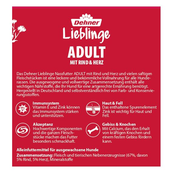 Dehner Lieblinge Hundefutter Adult | Nassfutter | mit Rind und Herz | viele Fleischstückchen | mit Spurenelementen | Calcium | ohne Farb- & Konservierungsstoffe | Immununterstützung | 6 x 800 g