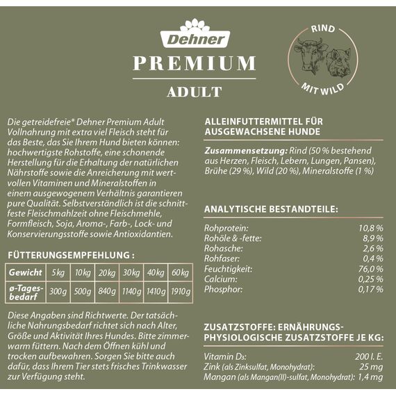 Dehner Premium Hundefutter Adult | Nassfutter für ausgewachsene Hunde | Allergiker | Rind, Wild| schnittfest | ohne künstliche Zusätze | getreidefrei | mit viel Fleisch Premiumqualität | 6 x 800 g