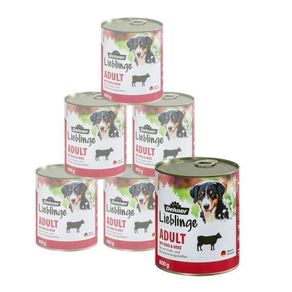 Dehner Lieblinge Hundefutter Adult | Nassfutter | mit Rind und Herz | viele Fleischstückchen | mit Spurenelementen | Calcium | ohne Farb- & Konservierungsstoffe | Immununterstützung | 6 x 800 g