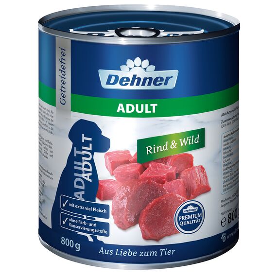 Dehner Premium Hundefutter Adult | Nassfutter für ausgewachsene Hunde | Allergiker | Rind, Wild| schnittfest | ohne künstliche Zusätze | getreidefrei | mit viel Fleisch Premiumqualität | 6 x 800 g