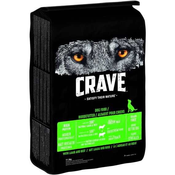CRAVE Adult Trockenfutter für Hunde ohne Getreide - 11,5kg - mit 100 Prozent natürlichem Lamm & Rind - Premium Hundefutter trocken mit hohem Proteingehalt - 1 Beutel