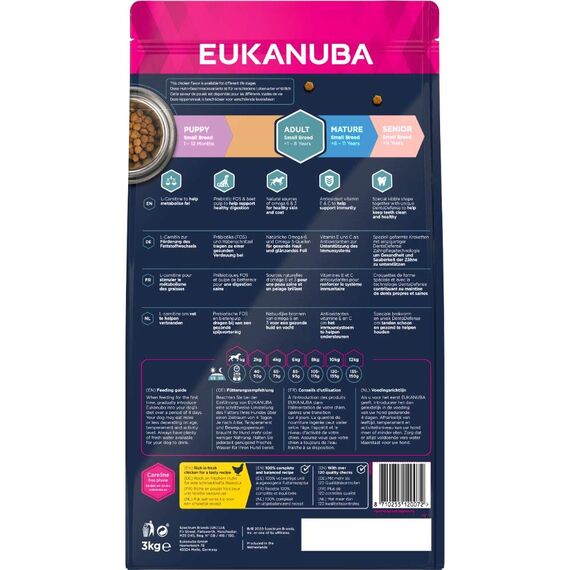 Eukanuba Hundefutter mit frischem Huhn für kleine Rassen, Premium Trockenfutter für ausgewachsene Hunde, 3 kg