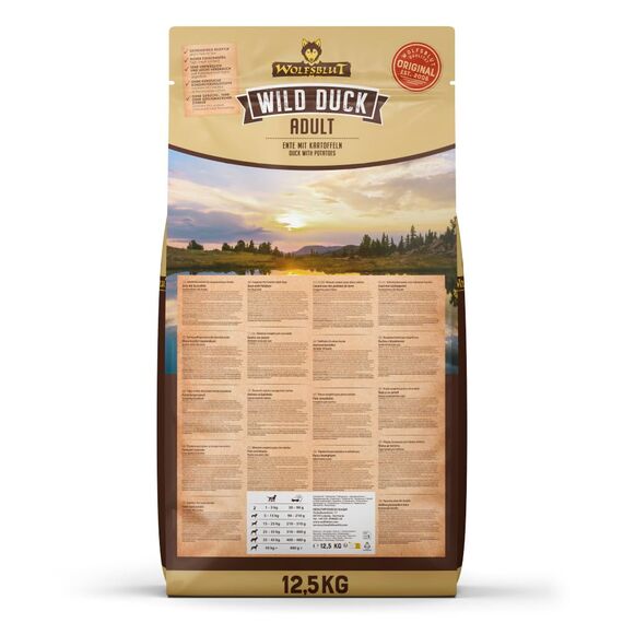 WOLFSBLUT – Wild Duck Adult | Trockenfutter mit natürlichen Zutaten und Superfoods für ausgewachsene Hunde. Getreidefreies Alleinfutter ohne Zusatzstoffe im Beutel | 12,5kg Ente