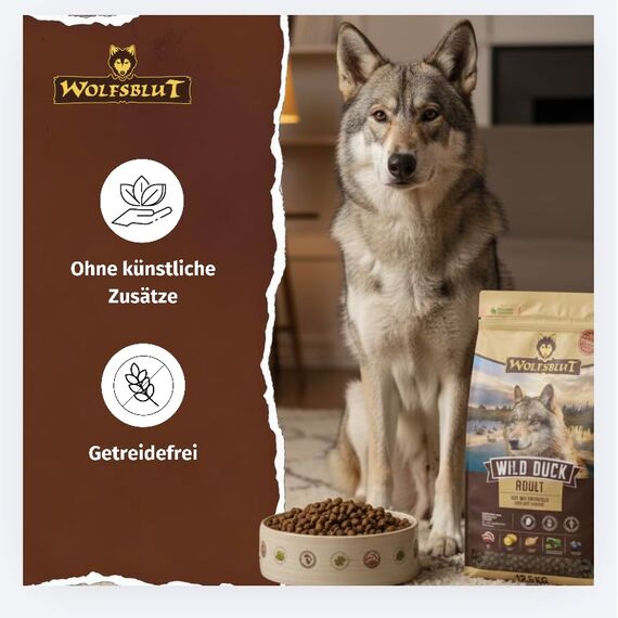 WOLFSBLUT – Wild Duck Adult | Trockenfutter mit natürlichen Zutaten und Superfoods für ausgewachsene Hunde. Getreidefreies Alleinfutter ohne Zusatzstoffe im Beutel | 12,5kg Ente