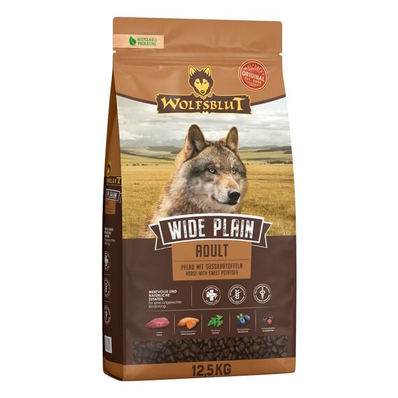 WOLFSBLUT – Wide Plain Adult | Trockenfutter mit natürlichen Zutaten und wertvollen Superfoods für ausgewachsene Hunde. Getreidefreies Alleinfutter ohne Zusatzstoffe im Beutel | 12,5kg Pferd