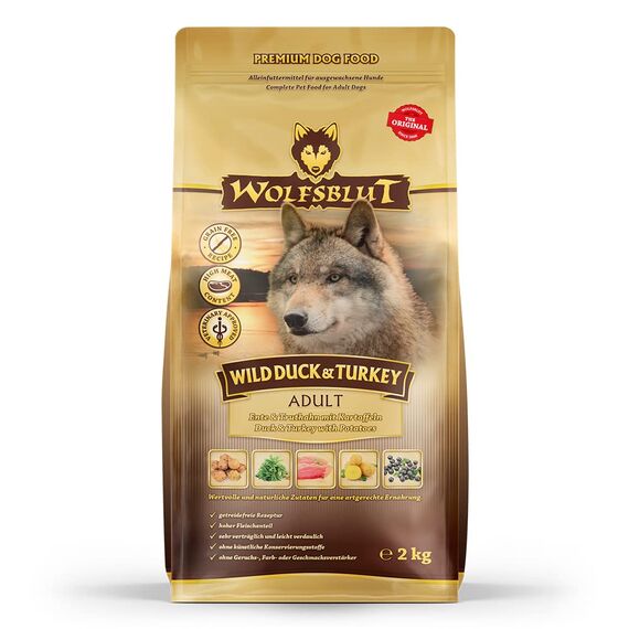 WOLFSBLUT – Wild Duck & Turkey Adult | Trockenfutter mit natürlichen Zutaten und Superfoods für ausgewachsene Hunde. Getreidefreies Alleinfutter ohne Zusatzstoffe im Beutel | 2kg Ente & Truthahn