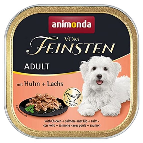 animonda vom Feinsten Hundefutter nass mit Huhn + Lachs in Sauce (22 x 150g), getreidefreies Hundefutter ohne Zucker, mit frischen, fleischigen Zutaten