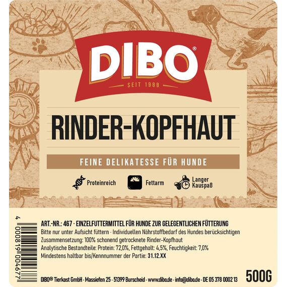 DIBO Rinderkopfhaut, 500g-Beutel, Naturkau-Snack oder Leckerli für Zwischendurch, Hundefutter, Qualitätskauartikel ohne Chemie