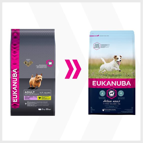 Eukanuba Hundefutter mit frischem Huhn für kleine Rassen, Premium Trockenfutter für ausgewachsene Hunde, 3 kg