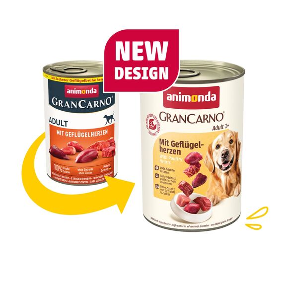 animonda GranCarno Adult mit Geflügelherzen (6 x 400 g), Hunde Nassfutter für ausgewachsene Tiere, Nassfutter für Hunde mit 100% frischen, fleischlichen Zutaten, Hundefutter ohne Getreide