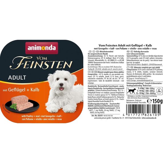 animonda Vom Feinsten Adult Geflügel + Kalb (22 x 150 g), Hundenassfutter für ausgewachsene Hunde, Nassfutter für Hunde mit fein-stückigen Pasteten, Hundefutter ohne Getreide