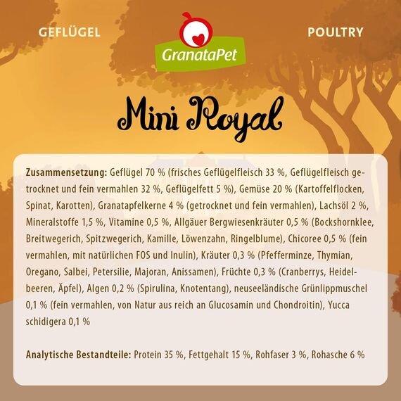 GranataPet Mini Royal Geflügel, Trockenfutter für Hunde, Hundefutter ohne Getreide & ohne Zuckerzusatz, Alleinfuttermittel für ausgewachsene Hunde, 1 kg