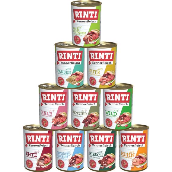 Rinti-Kennerfleisch 10 x 400g Mixpaket | 10 garantierte Sorten | getreidefreies Nassfutter mit 70% Fleisch & Innereien | ohne Soja | Hundefutter