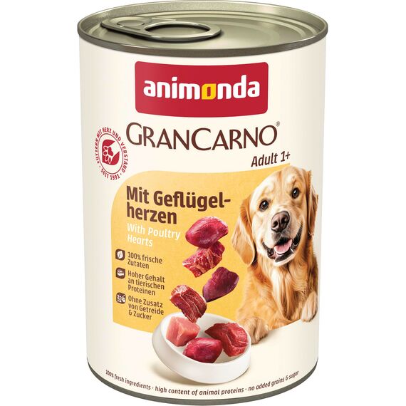 animonda GranCarno Adult mit Geflügelherzen (6 x 400 g), Hunde Nassfutter für ausgewachsene Tiere, Nassfutter für Hunde mit 100% frischen, fleischlichen Zutaten, Hundefutter ohne Getreide