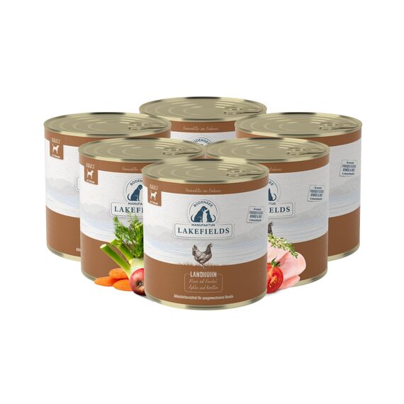 Lakefields Premium Hundefutter Nass | Huhn 61% | 6 x 800g | Getreidefreies Nassfutter für Hunde | Natürliche Zutaten in Lebensmittelqualität | Karotten, Kartoffeln & Apfel | Schonend gegart