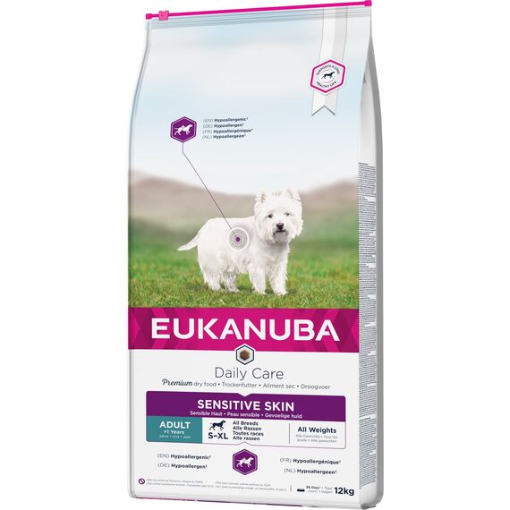 Eukanuba Daily Care Sensitive Skin Hundefutter - Trockenfutter für Hunde mit sensibler Haut, Hyoallergenes Futter mit Fisch, 12 kg