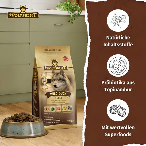 WOLFSBLUT – Wild Duck Adult | Trockenfutter mit natürlichen Zutaten und Superfoods für ausgewachsene Hunde. Getreidefreies Alleinfutter ohne Zusatzstoffe im Beutel | 2kg Ente