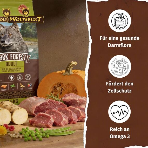 WOLFSBLUT – Dark Forest Adult | Trockenfutter mit natürlichen Zutaten und wertvollen Superfoods für ausgewachsene Hunde. Getreidefreies Alleinfutter ohne Zusatzstoffe im Beutel | 12,5kg Wild