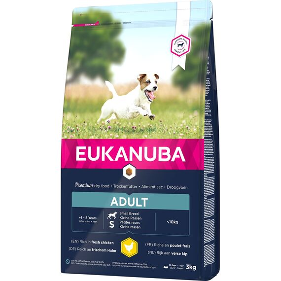 Eukanuba Hundefutter mit frischem Huhn für kleine Rassen, Premium Trockenfutter für ausgewachsene Hunde, 3 kg