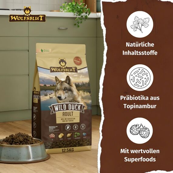 WOLFSBLUT – Wild Duck Adult | Trockenfutter mit natürlichen Zutaten und Superfoods für ausgewachsene Hunde. Getreidefreies Alleinfutter ohne Zusatzstoffe im Beutel | 12,5kg Ente