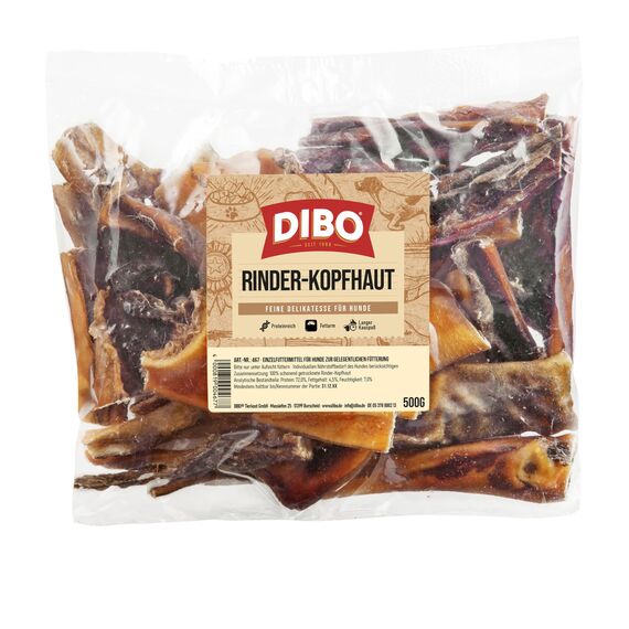 DIBO Rinderkopfhaut, 500g-Beutel, Naturkau-Snack oder Leckerli für Zwischendurch, Hundefutter, Qualitätskauartikel ohne Chemie