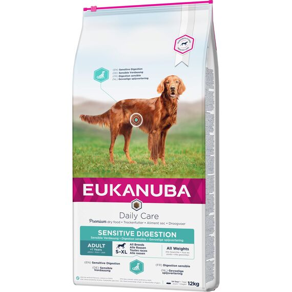 Eukanuba Daily Care Sensitive Digestion Hundefutter - Trockenfutter für Hunde mit sensibler Verdauung, Magenfreundlich mit leicht verdaulichem Reis, 12 kg