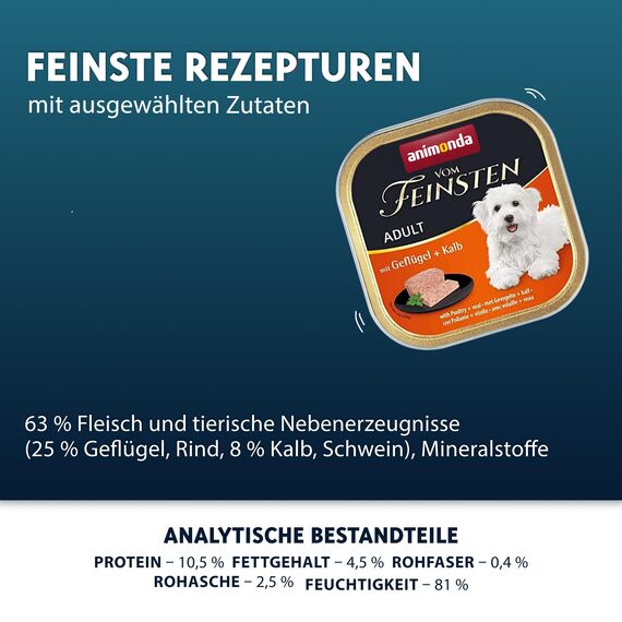 animonda Vom Feinsten Adult Geflügel + Kalb (22 x 150 g), Hundenassfutter für ausgewachsene Hunde, Nassfutter für Hunde mit fein-stückigen Pasteten, Hundefutter ohne Getreide