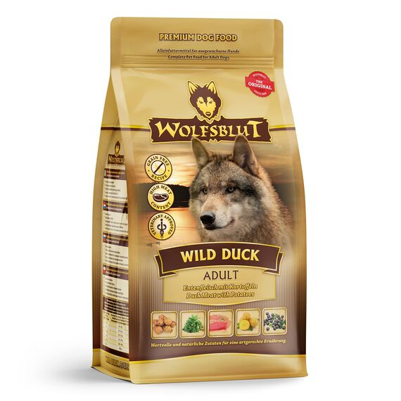 WOLFSBLUT – Wild Duck Adult | Trockenfutter mit natürlichen Zutaten und Superfoods für ausgewachsene Hunde. Getreidefreies Alleinfutter ohne Zusatzstoffe im Beutel | 500g Ente
