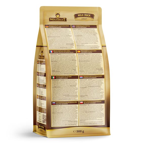 WOLFSBLUT – Wild Duck Adult | Trockenfutter mit natürlichen Zutaten und Superfoods für ausgewachsene Hunde. Getreidefreies Alleinfutter ohne Zusatzstoffe im Beutel | 500g Ente