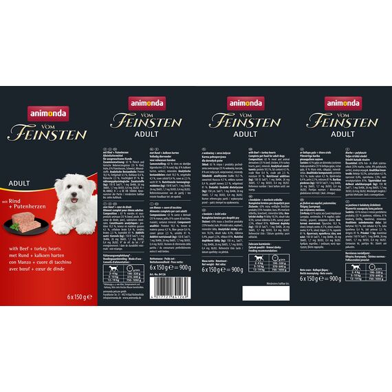 animonda vom Feinsten Hundefutter nass mit Rind + Putenherzen (6 x 150g), getreidefreies Hundefutter ohne Zucker, mit frischen, fleischigen Zutaten