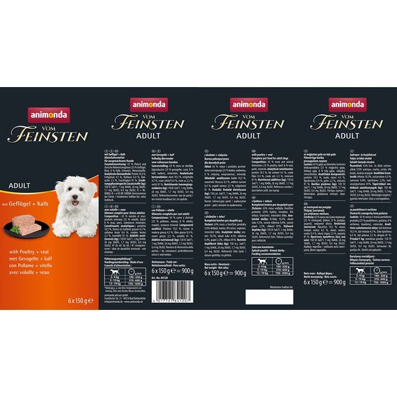 animonda vom Feinsten Hundefutter nass mit Geflügel + Kalb (6 x 150g), getreidefreies Hundefutter ohne Zucker, mit frischen, fleischigen Zutaten