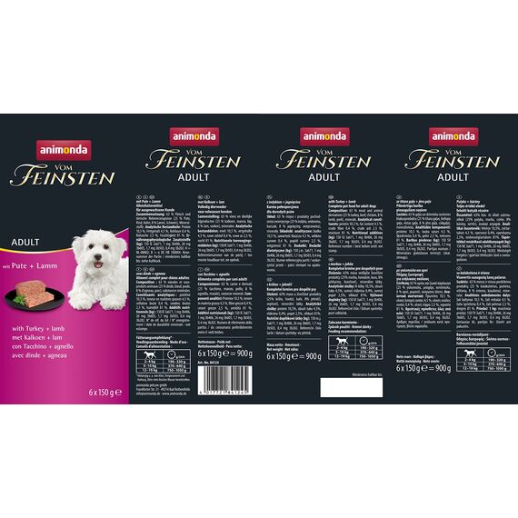 animonda vom Feinsten Hundefutter nass mit Pute + Lamm (6 x 150g), getreidefreies Hundefutter ohne Zucker, mit frischen, fleischigen Zutaten