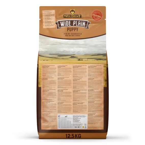 WOLFSBLUT – Wide Plain Puppy | Trockenfutter mit natürlichen Zutaten und wertvollen Superfoods für heranwachsende Hunde. Getreidefreies Alleinfutter ohne Zusatzstoffe im Beutel | 12,5kg Pferd
