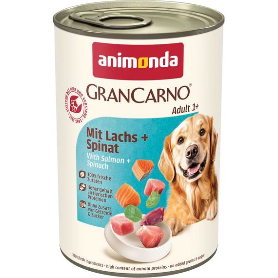 animonda GranCarno Hunde Nassfutter mit Lachs + Spinat (6 x 400 g), getreidefreies Hundenassfutter ohne Zucker, für ausgewachsene Hunde, mit frischen fleischigen Zutaten