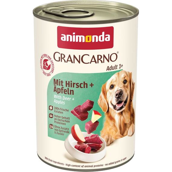 animonda GranCarno Hunde Nassfutter mit Hirsch + Äpfeln (6 x 400 g), getreidefreies Hundenassfutter ohne Zucker, für ausgewachsene Hunde, mit frischen fleischigen Zutaten