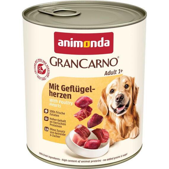 animonda GranCarno Hunde Nassfutter mit Geflügelherzen (6 x 800 g), getreidefreies Hundenassfutter ohne Zucker, für ausgewachsene Hunde, mit frischen fleischigen Zutaten