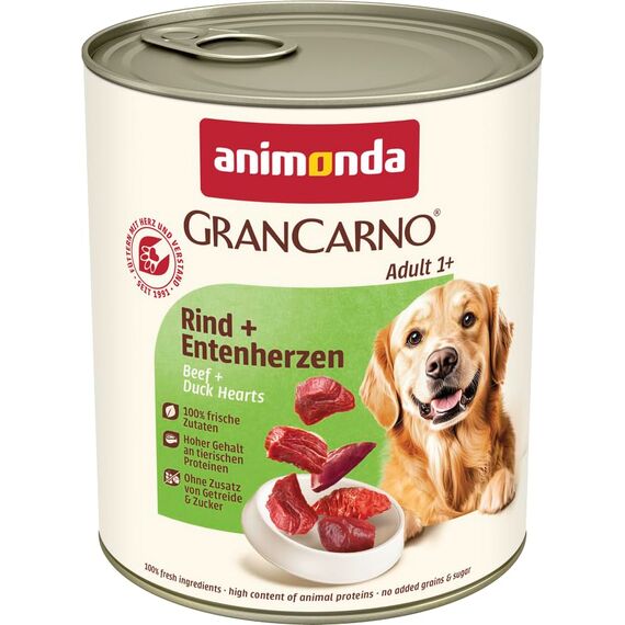 animonda GranCarno Hunde Nassfutter mit Rind + Entenherzen (6 x 800 g), getreidefreies Hundenassfutter ohne Zucker, für ausgewachsene Hunde, mit frischen fleischigen Zutaten