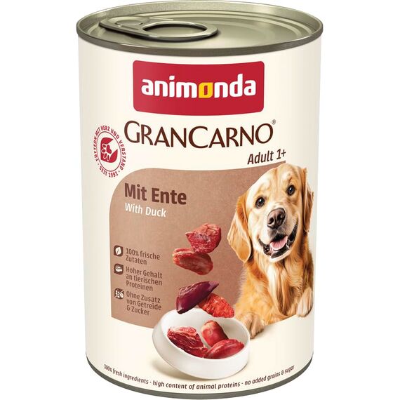 animonda GranCarno Hunde Nassfutter mit Ente (6 x 400g), getreidefreies Hundenassfutter ohne Zucker, für ausgewachsene Hunde, mit frischen fleischigen Zutaten