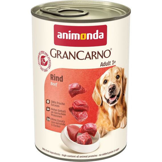 animonda GranCarno Hunde Nassfutter mit Rind pur (6 x 400 g), getreidefreies Hundenassfutter ohne Zucker, für ausgewachsene Hunde, mit frischen fleischigen Zutaten