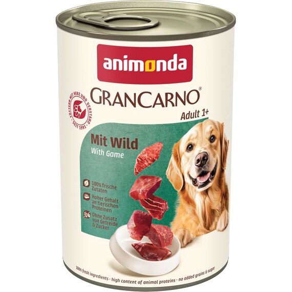 animonda GranCarno Hunde Nassfutter mit Wild (6 x 400 g), getreidefreies Hundenassfutter ohne Zucker, für ausgewachsene Hunde, mit frischen fleischigen Zutaten
