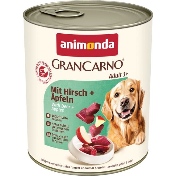 animonda GranCarno Hunde Nassfutter mit Hirsch + Äpfeln (6 x 800 g), getreidefreies Hundenassfutter ohne Zucker, für ausgewachsene Hunde, mit frischen fleischigen Zutaten