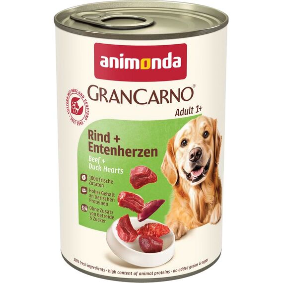 animonda GranCarno Hunde Nassfutter mit Rind + Entenherzen (6 x 400 g), getreidefreies Hundenassfutter ohne Zucker, für ausgewachsene Hunde, mit frischen fleischigen Zutaten