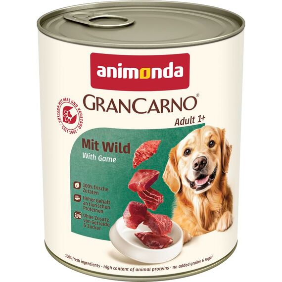 animonda GranCarno Hunde Nassfutter mit Wild (6 x 800 g), getreidefreies Hundenassfutter ohne Zucker, für ausgewachsene Hunde, mit frischen fleischigen Zutaten
