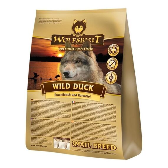 WOLFSBLUT – Wild Duck Small Breed | Trockenfutter mit wertvollen Superfoods für kleine, ausgewachsene Hunde. Getreidefreies Alleinfutter ohne Zusatzstoffe im Beutel | 2kg Ente