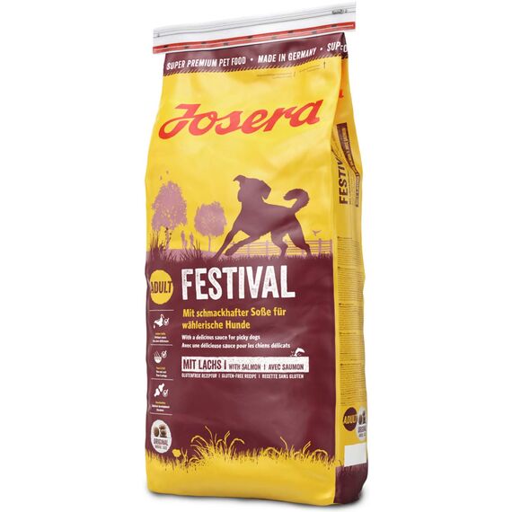 JOSERA Festival (1 x 15 kg) | Adult | Premium Trockenfutter für ausgewachsene wählerische Hunde | Lachs & Geflügel | in leckerem Soßenmantel auch zum Einweichen | weizenfrei | Hundefutter| 1er Pack