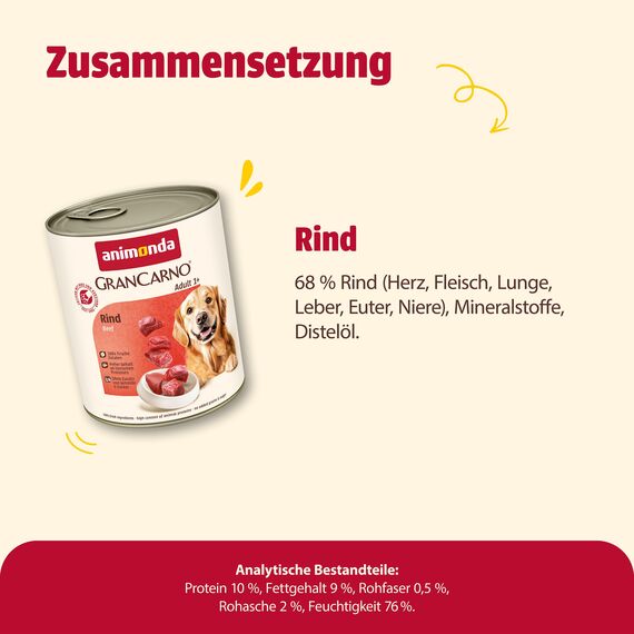 animonda GranCarno Adult Rind (6 x 800 g), Hundenassfutter für ausgewachsene Tiere, Nassfutter für Hunde mit 100 % frischen, fleischlichen Zutaten, Hundefutter ohne Getreide