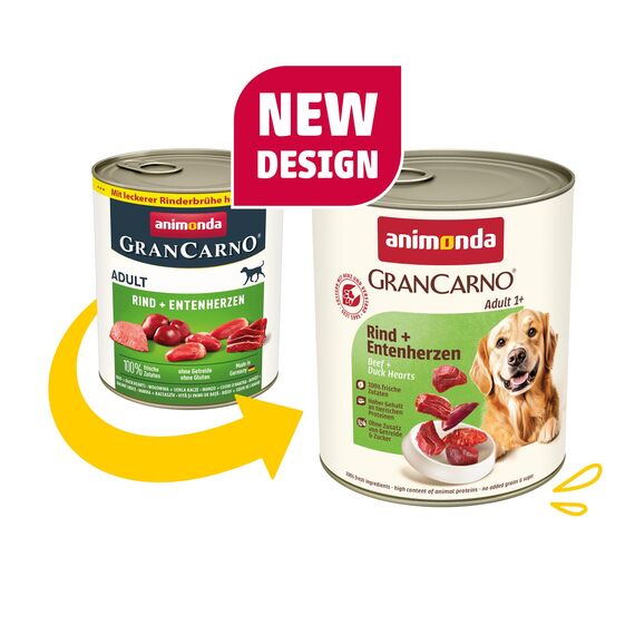 animonda GranCarno Hunde Nassfutter mit Rind + Entenherzen (6 x 800 g), getreidefreies Hundenassfutter ohne Zucker, für ausgewachsene Hunde, mit frischen fleischigen Zutaten