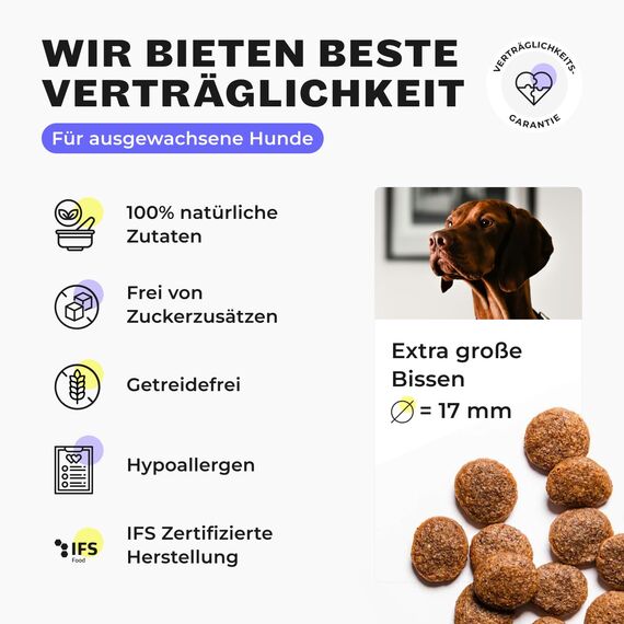 HEY HOLY Premium Trockenfutter für große Jagdhunde getreidefrei | 7kg hypoallergenes Hundefutter für ausgewachsene, große Jagdhunde mit Ente | Hochverträglich aus natürlichen Zutaten